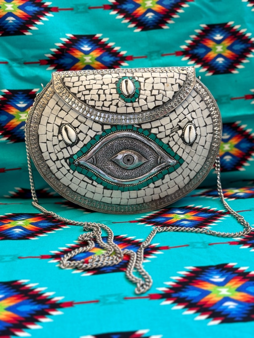 Handcrafted METAL White Mosaic “EviL Eye” Crossbody Bag with Turquoise Accents
